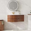 Floating Curved Bathroom Vanity in Walnut Left Offset & Round LED Medicine Cabinet Set