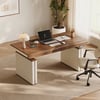 160 cm Height Adjustable Electric Standing Desk with Walnut Top and Leather-Wrapped Legs