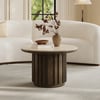 Table basse ronde à lattes en bois de frêne Aura avec plateau en pierre frittée