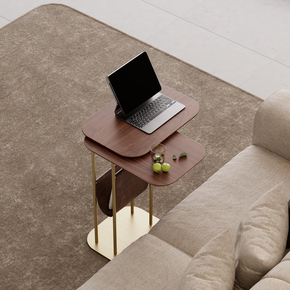 Questions et Réponses pour Table d'appoint rotative en forme de C en noyer et or avec rangement