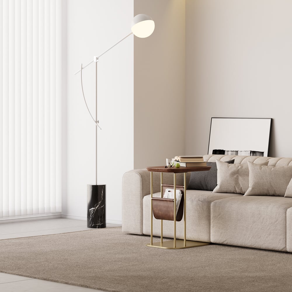 Questions et Réponses pour Table d'appoint rotative en forme de C en noyer et or avec rangement