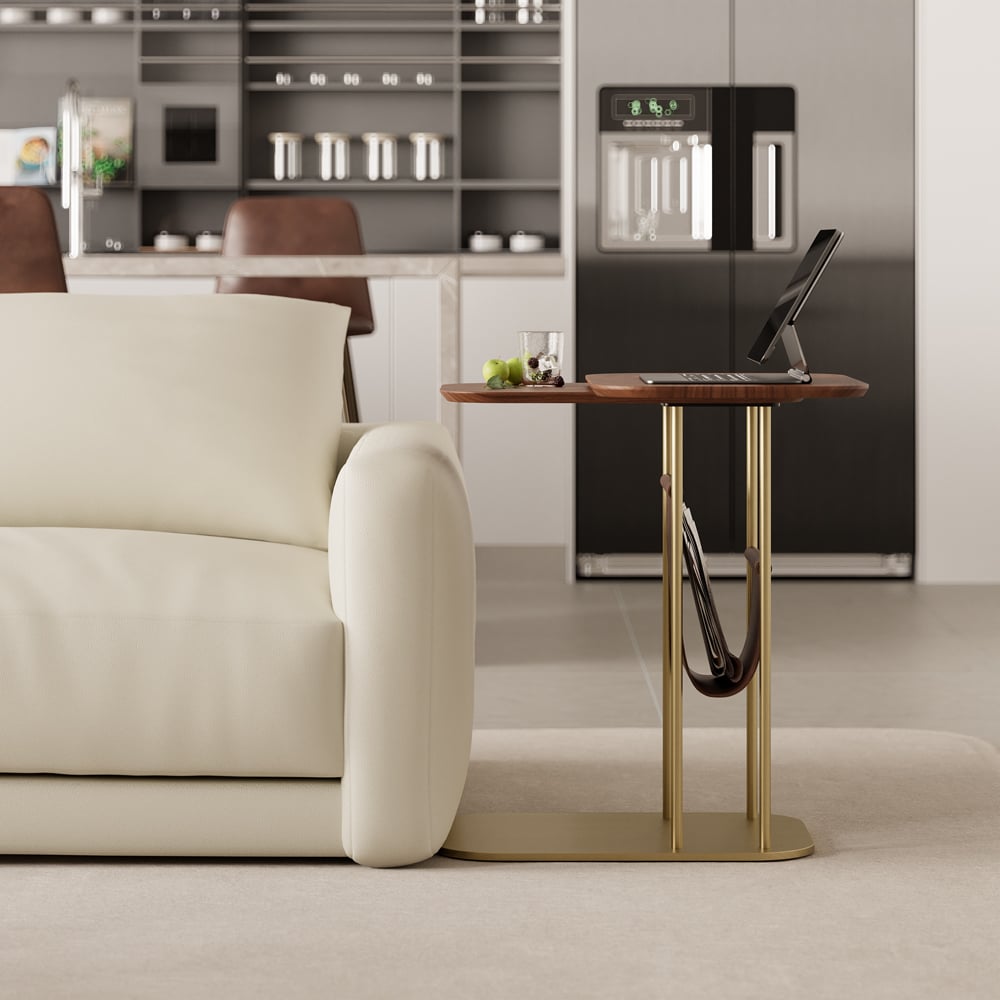 C-Shaped Walnut & Gold Rotating Side Table with Storage