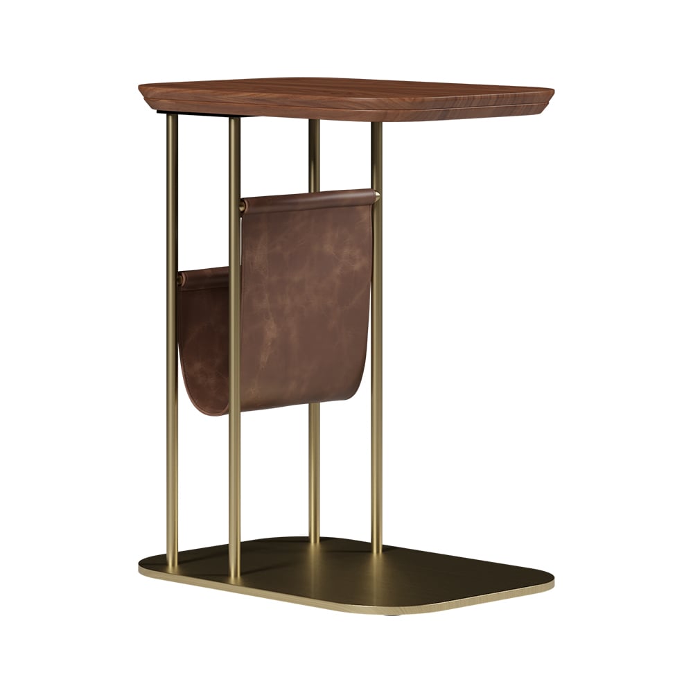 C-Shaped Walnut & Gold Rotating Side Table with Storage