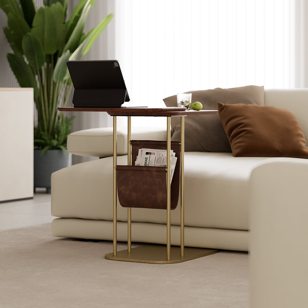 C-Shaped Walnut & Gold Rotating Side Table with Storage