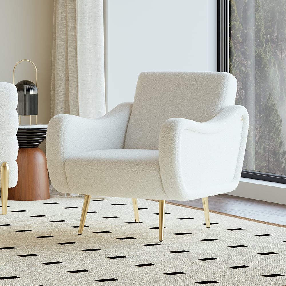 Perguntas e respostas para Poltrona branca moderna Boucle Accent com perna de metal em ouro