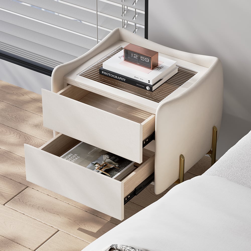 Questions and Answers for Modern White 2 Drawer Leather Nightstand Bedside Table with Glass Top