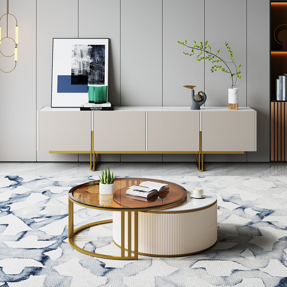 Questions et Réponses pour Ensemble meuble TV et table basse gigognes Grovyn 2200 mm