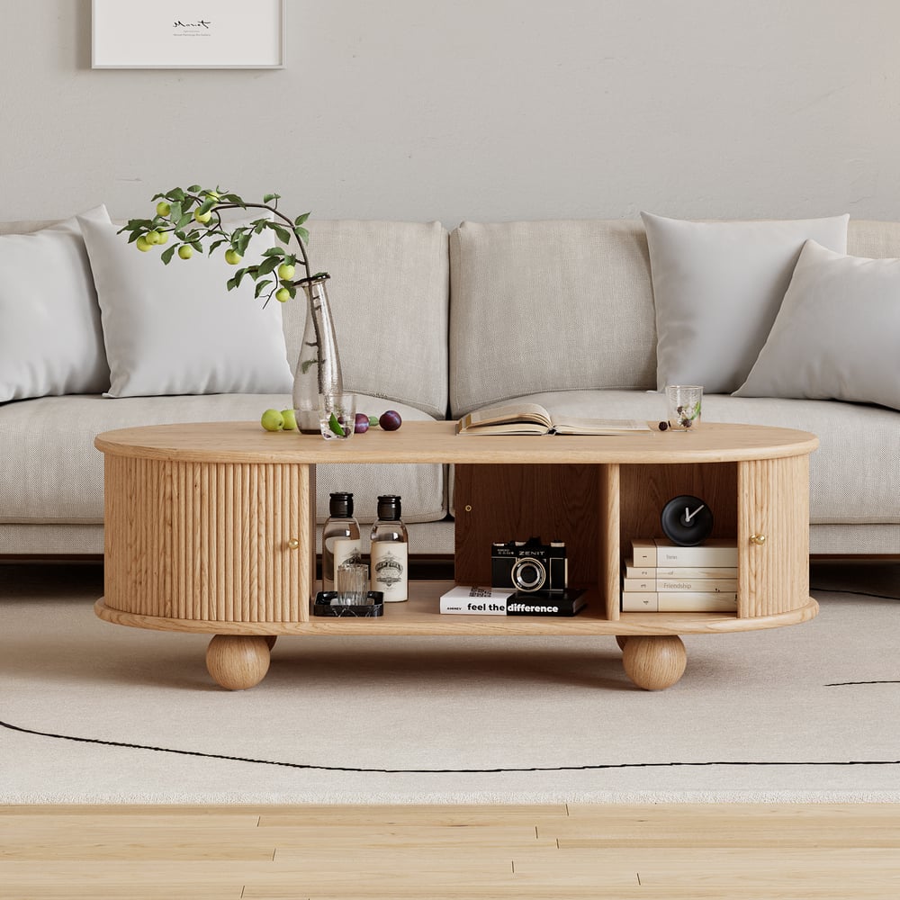 Customer Reviews for Stria 47" Modern Oval Natural Solid Wood Fluted Coffee Table with Storage