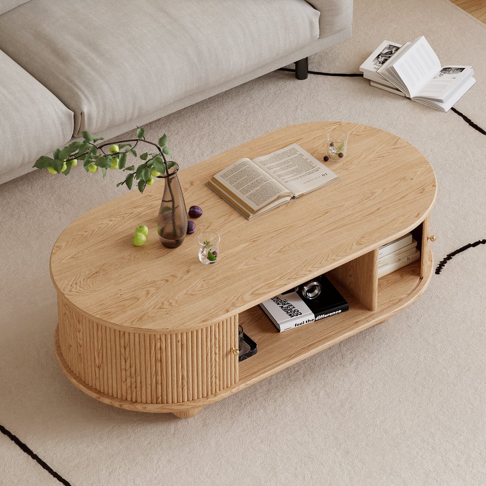 Avis Clients sur Table basse cannelée ovale moderne en bois massif naturel Stria 1200 mm avec rangement