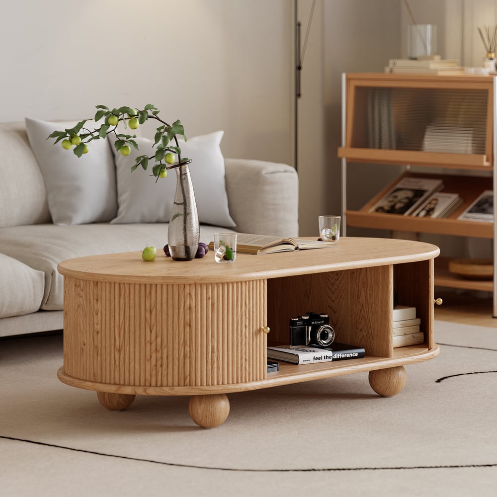 Customer Reviews for Stria 47" Modern Oval Natural Solid Wood Fluted Coffee Table with Storage