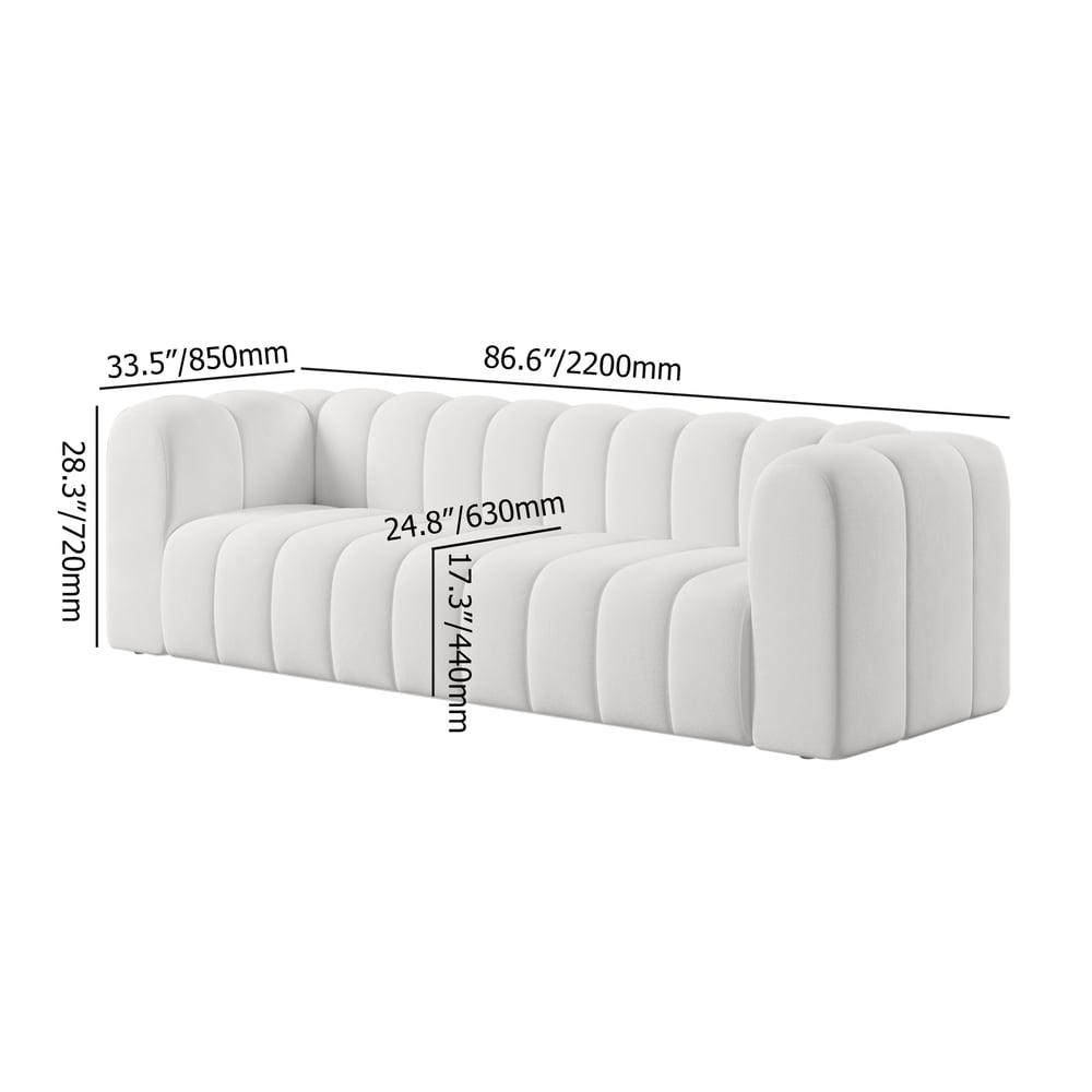 87.8" Modern White Velvet 3-Seater Sofa Channel Tufted Upholstered Luxury Solid Wood weights dimensions image