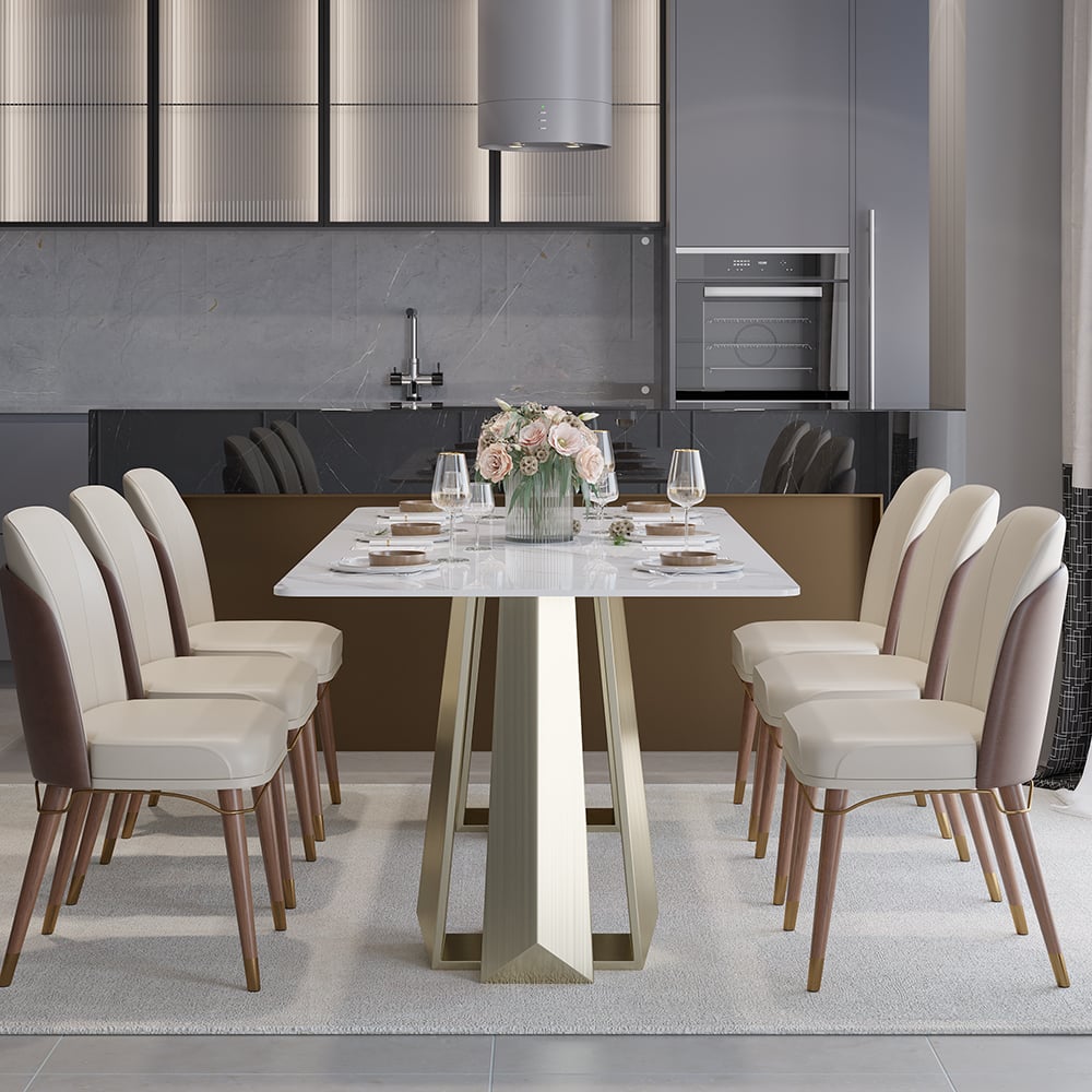 Perguntas e respostas para Mesa de jantar moderna de mármore sintético branca de 78,7 polegadas com base de pedestal duplo em acabamento dourado