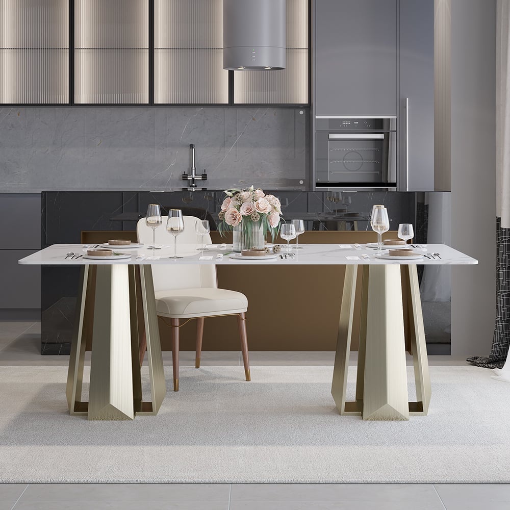 Perguntas e respostas para Mesa de jantar moderna de mármore sintético branca de 78,7 polegadas com base de pedestal duplo em acabamento dourado