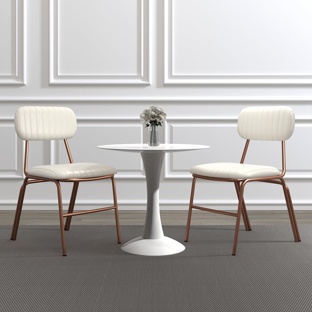 Vragen en antwoorden voor Moderne witte eetkamerstoelen (set van 2) met faux leer gestoffeerd en metalen frame