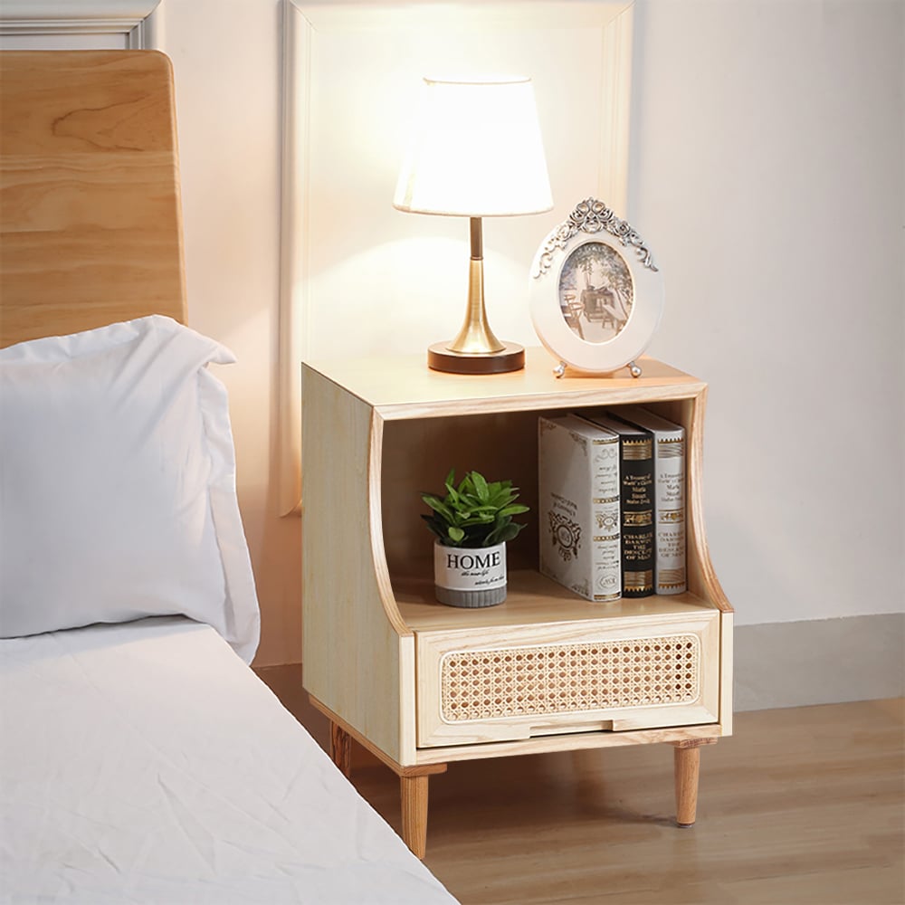 Questions and Answers for Natural Nightstand Nordic 1-Drawer Rattan Woven Wooden Bedside Table with Open Storage