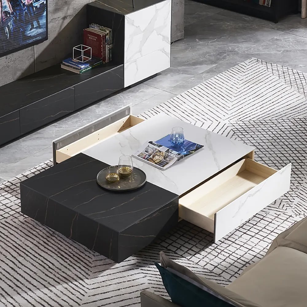 Questions and Answers for Black & White Coffee Table with Storage Rectangle Sintered Stone Top & Wood Drawers