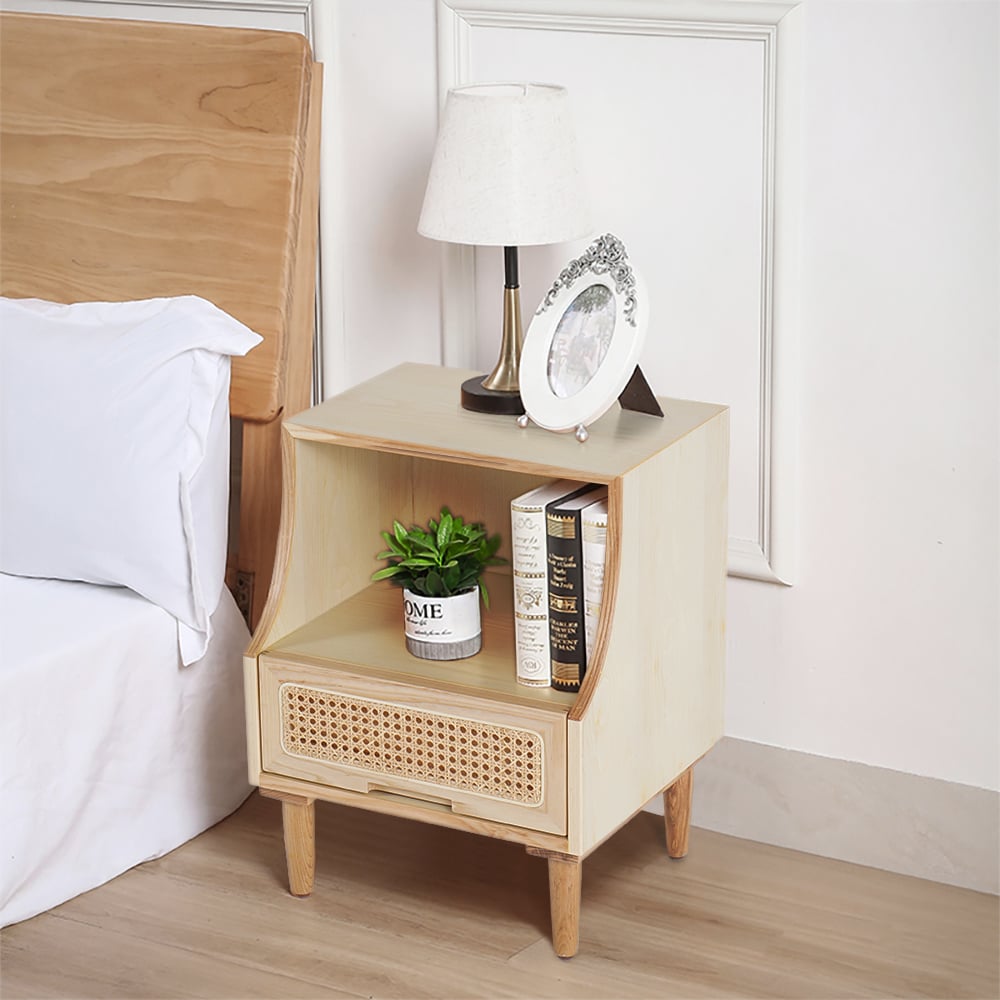 Questions and Answers for Natural Nightstand Nordic 1-Drawer Rattan Woven Wooden Bedside Table with Open Storage