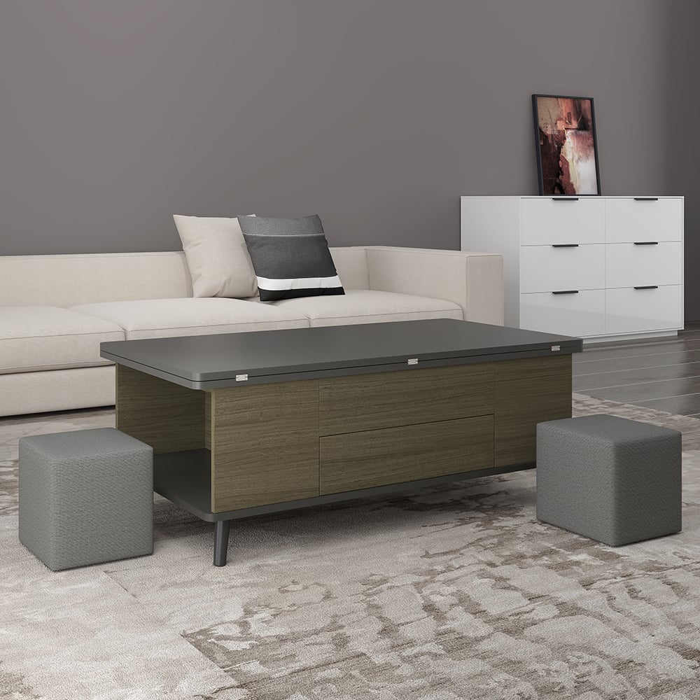 Perguntas e respostas para Conjunto de mesa de café elevatória de 5 peças com armazenamento Mesa de jantar conversível com pufes