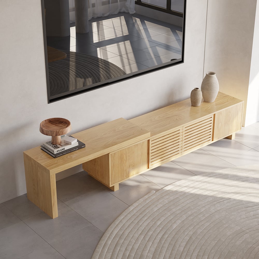 Questions et Réponses pour Meuble TV naturel extensible inspiré du gril avec rangement (1600 mm à 2100 mm)