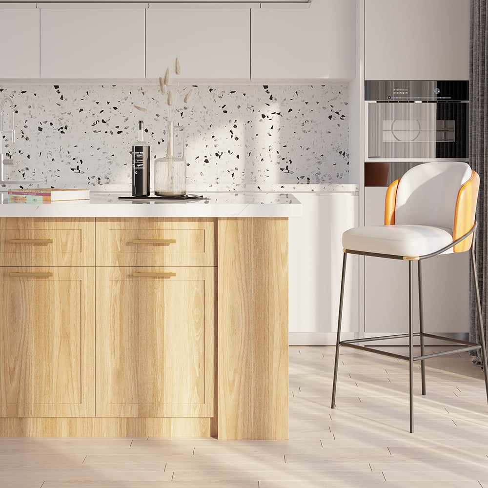 Questions et Réponses pour Îlot de cuisine naturel moderne avec finition laminée et rangement multiple