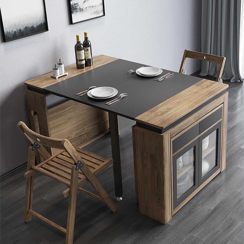Questions et Réponses pour Table de salle à manger extensible moderne, buffet rectangulaire avec rangement en noyer et gris