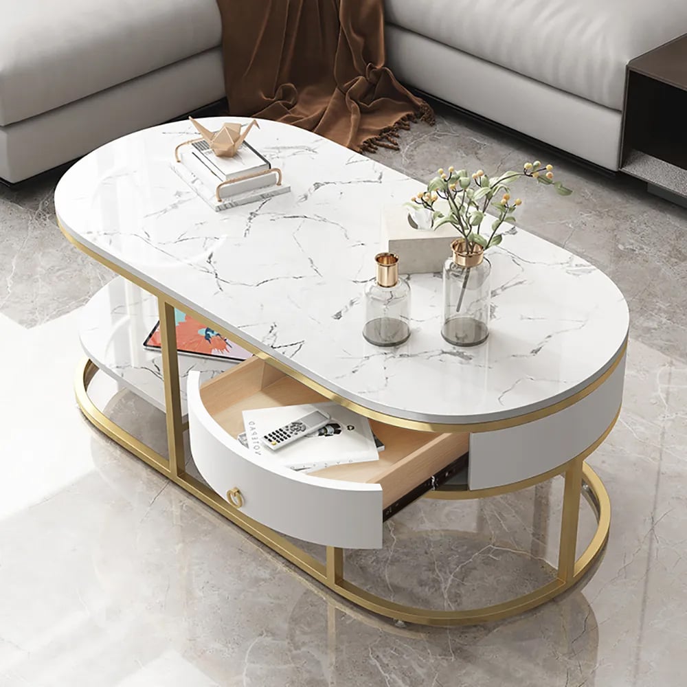 Questions and Answers for Modern Marble Coffee Table with Drawers & Shelf in White