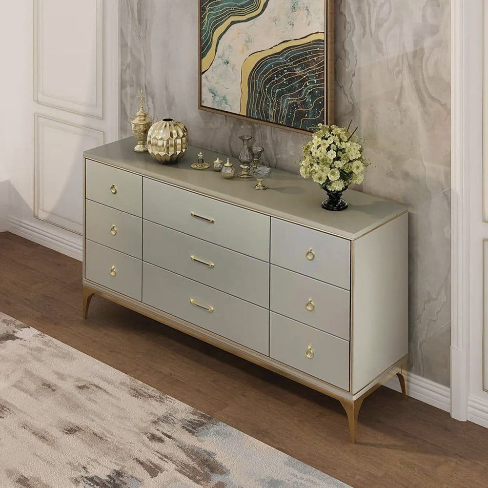 Customer Reviews for 63" Contemporary 9-Drawer Champagne Bedroom Dresser for Storage in Gold