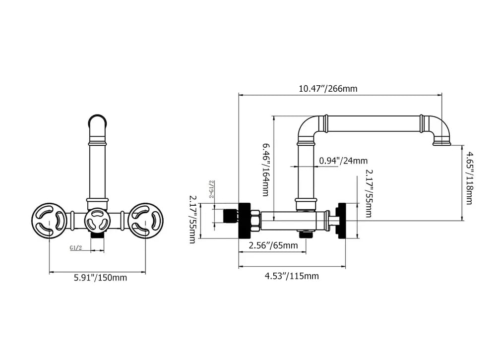Ruth Industrial Pipe Wall Mounted Bathtub Filler Faucet with Hand Shower Solid Brass weights dimensions image