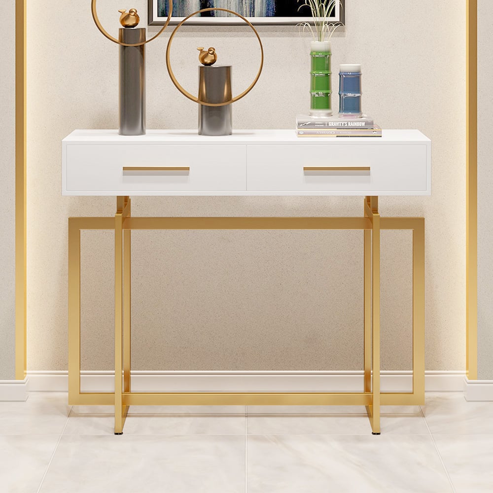 Vragen en antwoorden voor 1000 mm smalle consoletafel met opbergladen Witte gangtafel met metalen poten