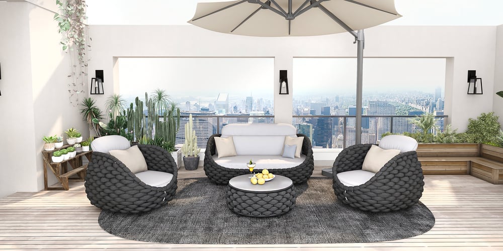 Questions and Answers for Tatta 4 Pieces Woven Rope Outdoor Sofa Set Faux Marble Top Coffee Table in Black & Gray