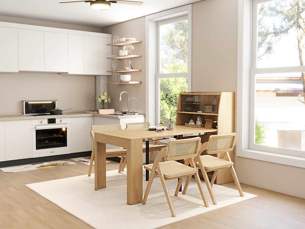 Avis Clients sur Table à manger extensible moderne avec buffet rectangulaire de rangement, porte vitrée, naturel et gris