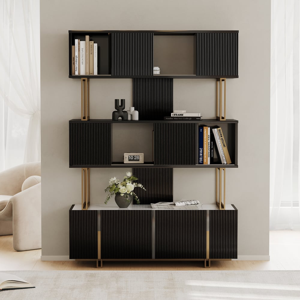 Reseñas de Clientes para Estantería Etagere con puerta corredera negra brillante, 5 estantes altos, almacenamiento rico, 170 cm