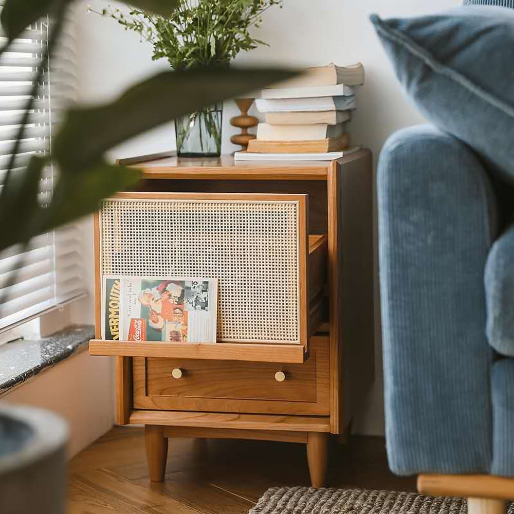 Customer Reviews for Rustic Rattan Nightstand with Storage Solid Wood Bedside Table in Walnut