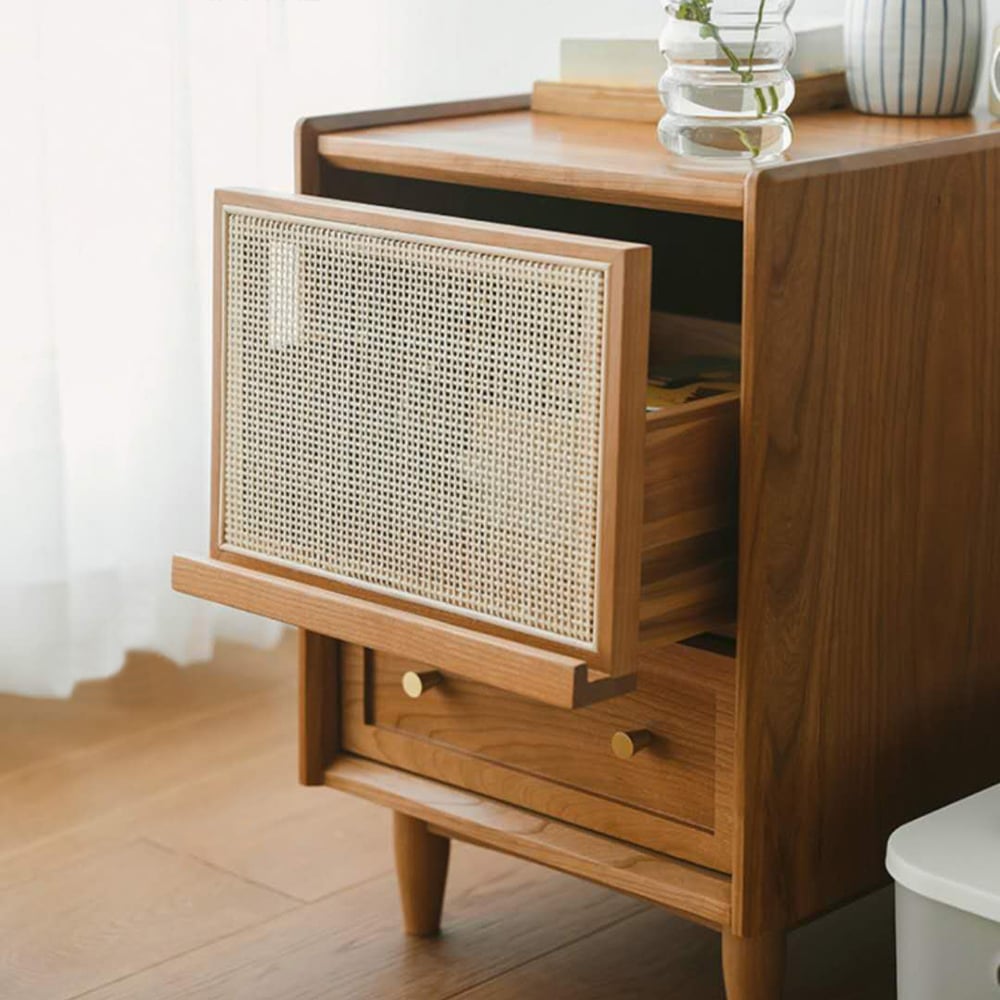 Customer Reviews for Rustic Rattan Nightstand with Storage Solid Wood Bedside Table in Walnut