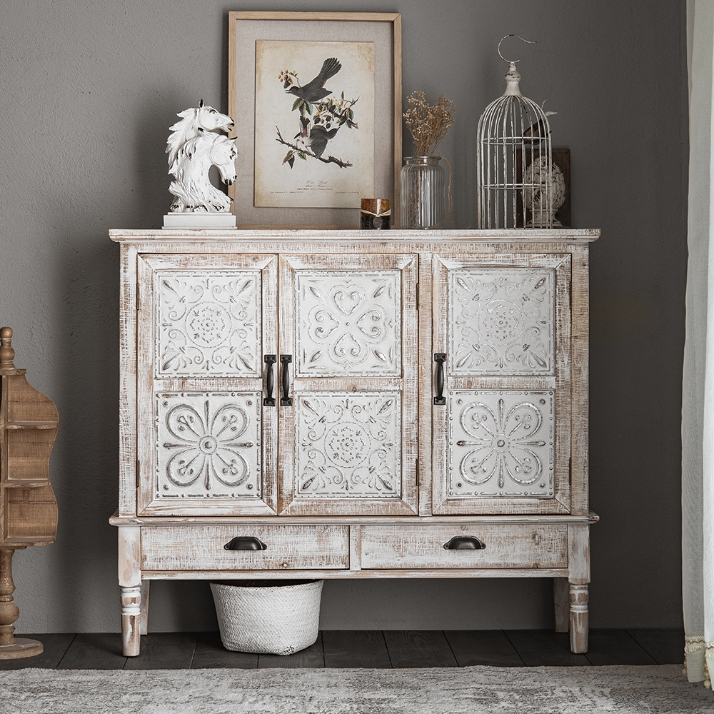 Questions and Answers for Distrate Farmhouse Distressed White Cabinet Artistic Surface with 2 Drawers 2 Shelves