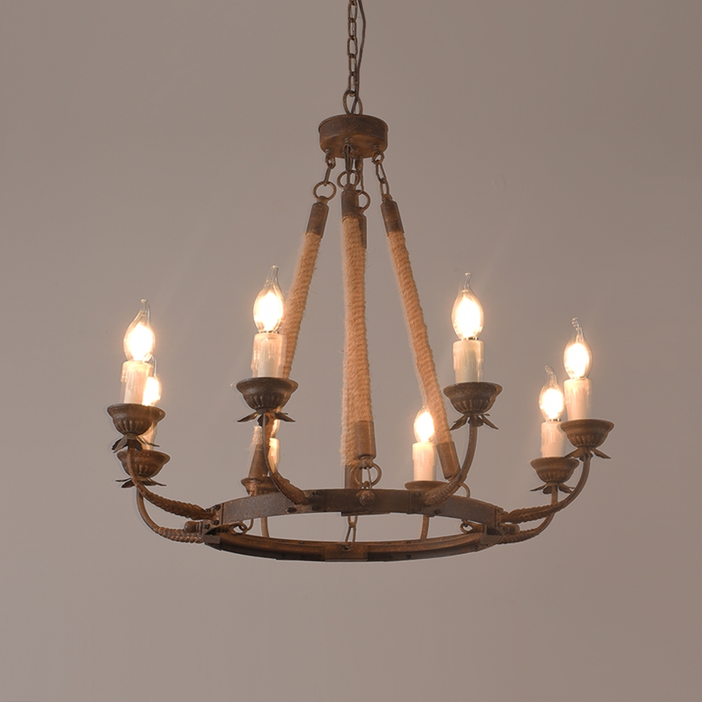 Questions and Answers for Candlely Rustic Iron Flaxen Hemp Rope & Metal 8-Light Round Candelabra Chandelier Rust