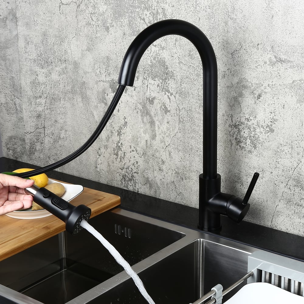 Questions and Answers for Commercial 3-Function Pull Down Spray Swivel Sprayhead Kitchen Sink Faucet with Deck Plate Matte Black Brass