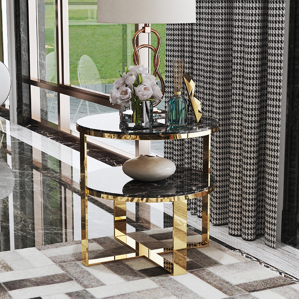 Reseñas de Clientes para Mesa auxiliar redonda de mármol negro dorado con mesita de noche de almacenamiento de 2 niveles