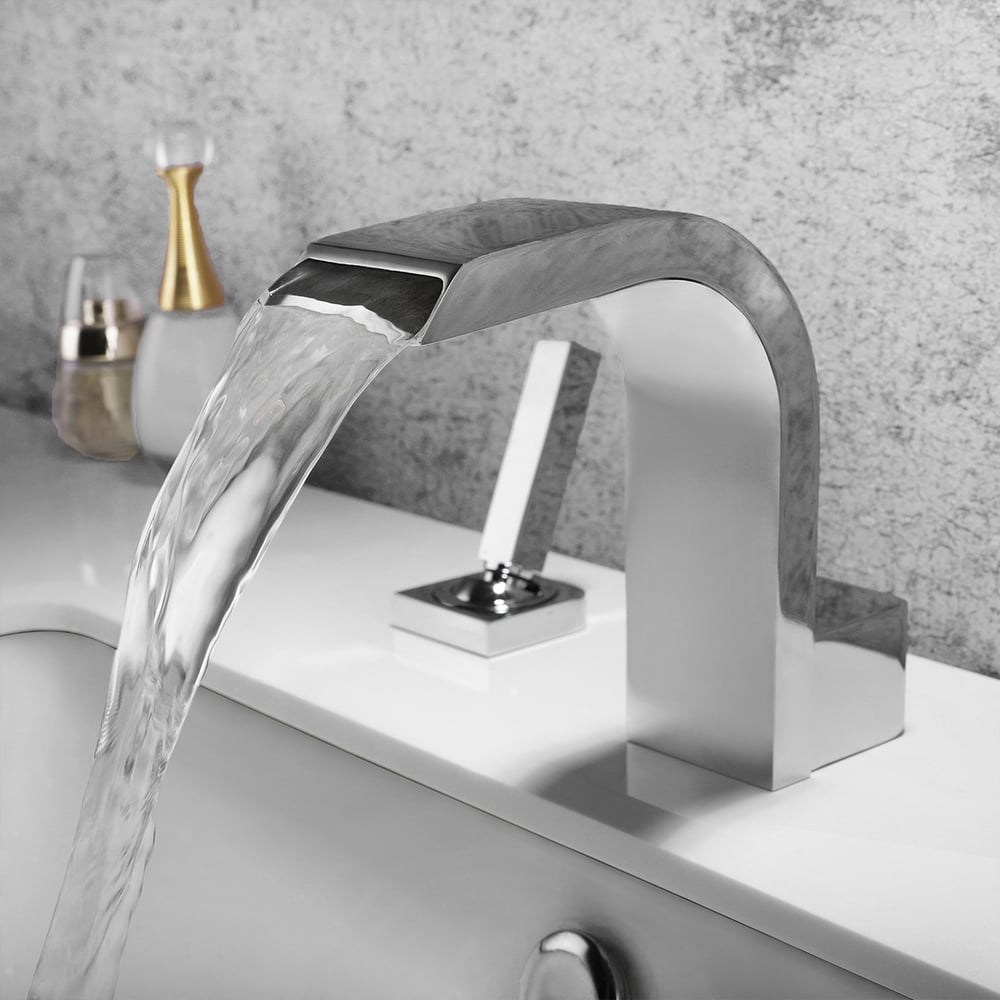 Questions and Answers for Contemporary Widespread Waterfall Spout Deck Mounted Bathroom Sink Faucet Double Handle Solid Brass in Polished Chrome