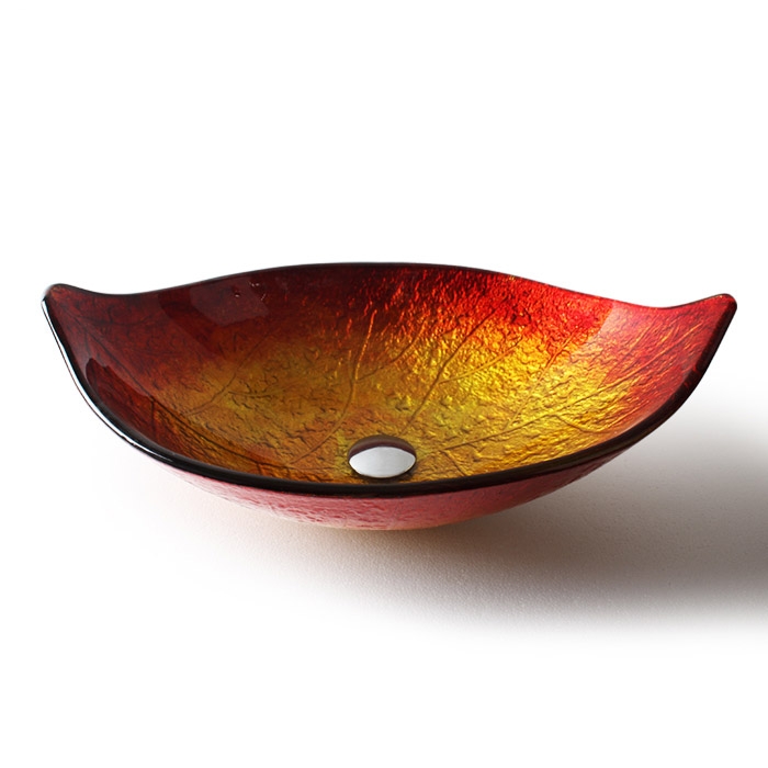 Questions and Answers for Hot Melted Red&Gold Leaf Shaped Tempered Glass Vessel Sink Waterfall Faucet Set