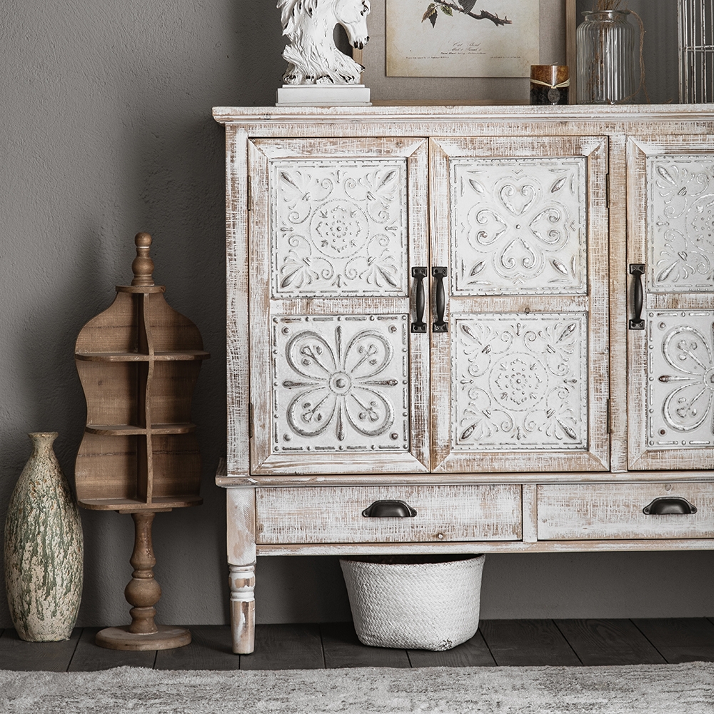 Questions and Answers for Distrate Farmhouse Distressed White Cabinet Artistic Surface with 2 Drawers 2 Shelves