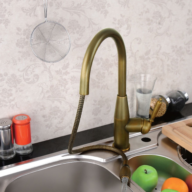 Oceny klientów dla Klasyczna bateria kuchenna z pojedynczym uchwytem z wysuwanym na pokładzie z wysokim łukiem z antycznego mosiądzu