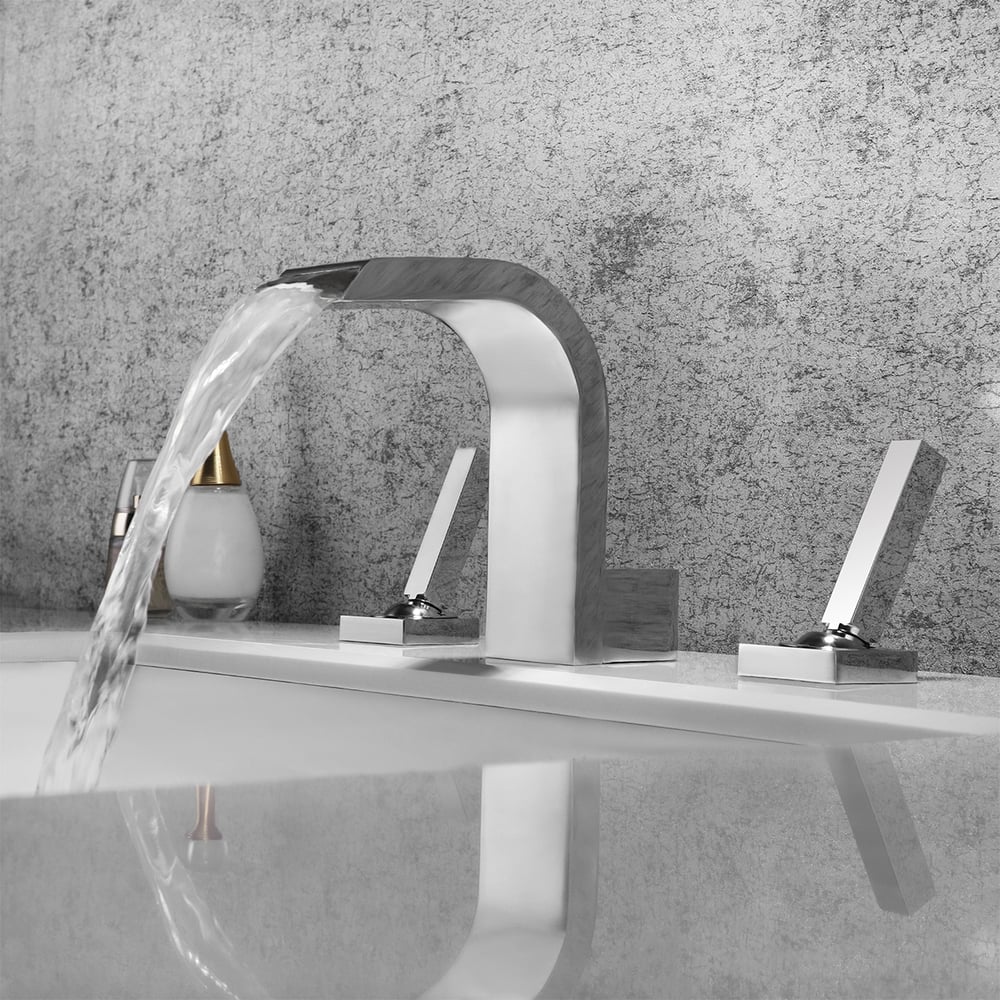 Questions and Answers for Contemporary Widespread Waterfall Spout Deck Mounted Bathroom Sink Faucet Double Handle Solid Brass in Polished Chrome