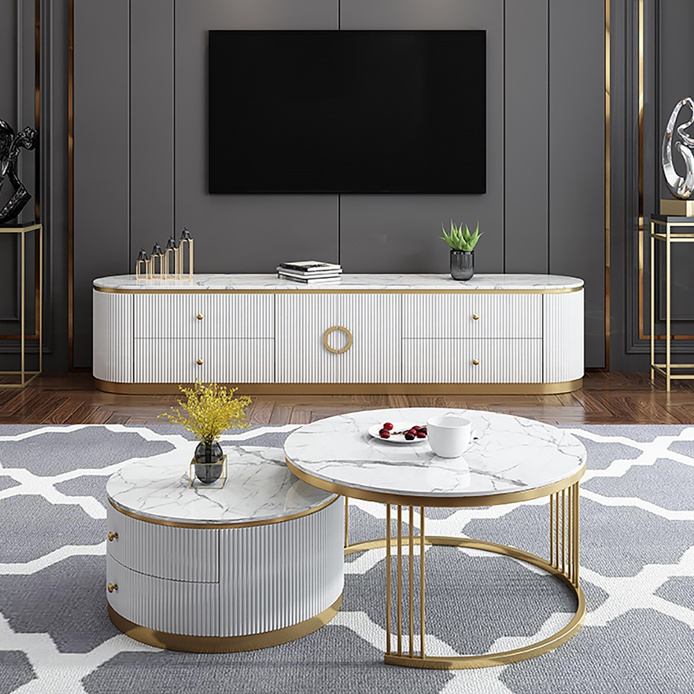 Questions and Answers for Modern 2 Pieces White Round Nesting Wooden Coffee Table with Drawers Sintered Stone Top