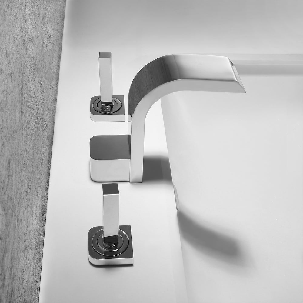Questions and Answers for Contemporary Widespread Waterfall Spout Deck Mounted Bathroom Sink Faucet Double Handle Solid Brass in Polished Chrome