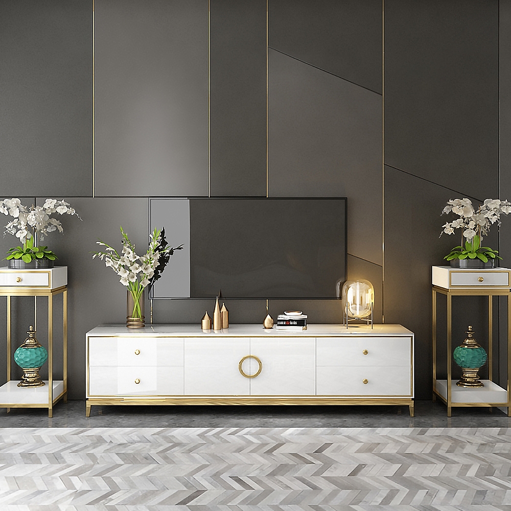 Questions and Answers for Tile Modern White TV Stand with Drawers & Doors Gold Media Console for TVs