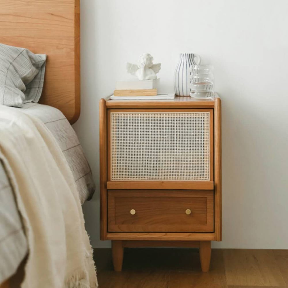 Customer Reviews for Rustic Rattan Nightstand with Storage Solid Wood Bedside Table in Walnut