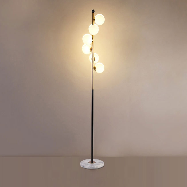 Questions and Answers for Modern Minimalist White Globe Glass Shade 6-Light Floor Lamp with Round Marble Base in Black and Gold