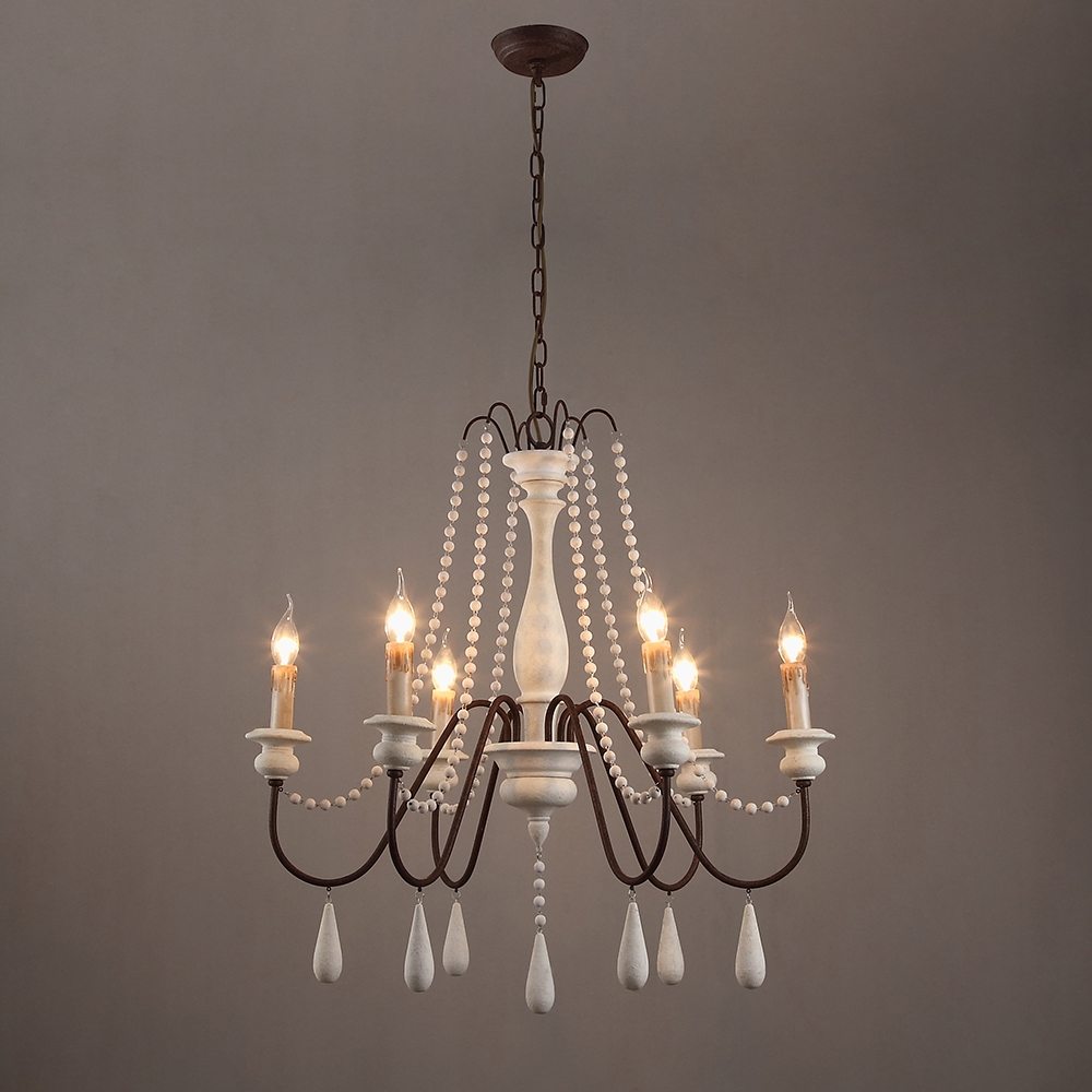 Customer Reviews for French Country Candle-Style Wood Bead Swag 1-Tier Wooden Chandelier 6-Light in White