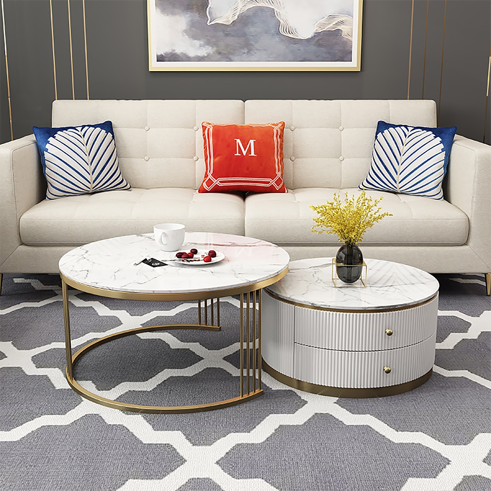 Questions and Answers for Modern 2 Pieces White Round Nesting Wooden Coffee Table with Drawers Sintered Stone Top
